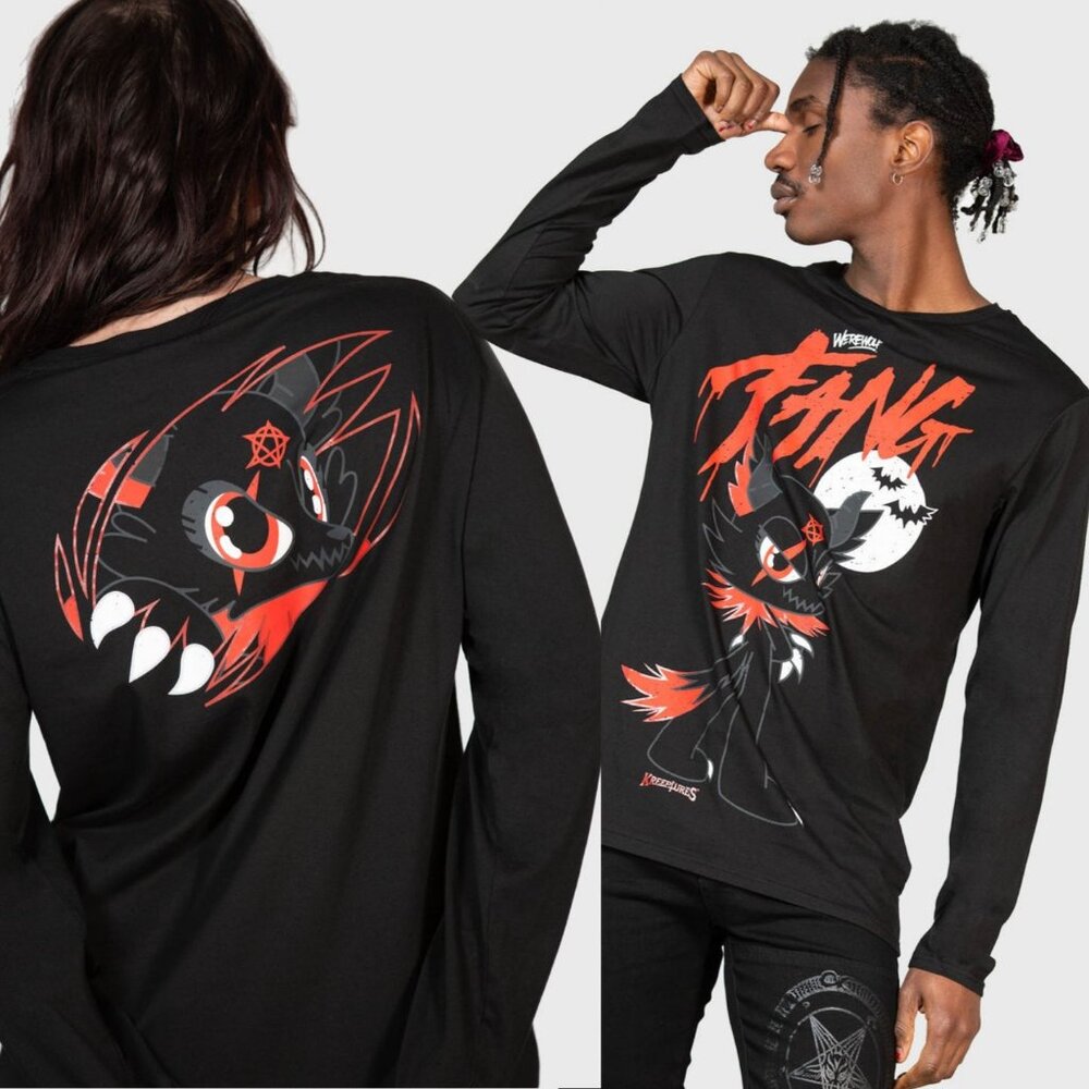 Kreeptures ✦ Werewolf Fang Long Sleeve Top ✦ Black Gothic Plush Graphic Tee L